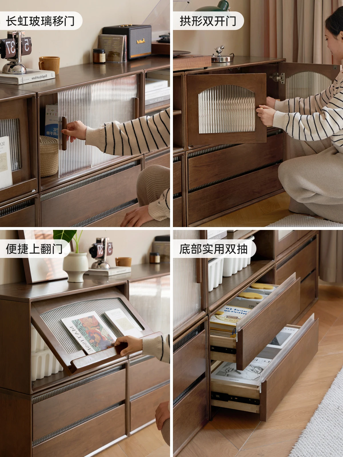 Solid wood TV cabinet, small free combination bookcase with retro floor storage in the living room