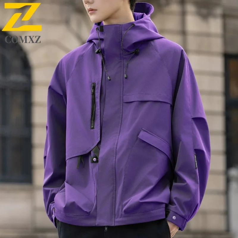 COMXZ Men Jackets Classic Loose Windproof Waterproof Hooded Cycling Adventure Windbreaker Jacket Camping Breathable Trench Coat