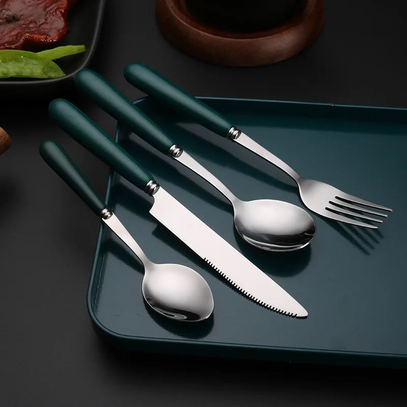 Ceramic Handle Stainless Steel Spoon Fork Steak Knife Tableware Green Golden Teaspoons Home Cutlery Set New Kitchen Utensils