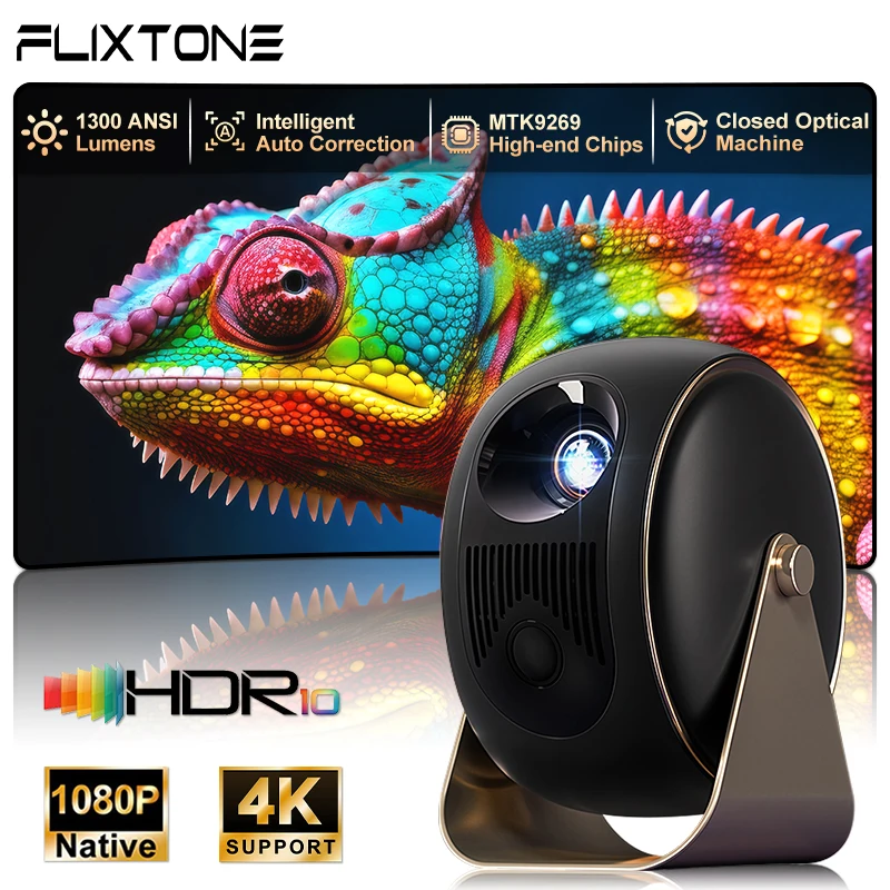 جهاز عرض FlixTone U5 عالي الدقة 1080P 4K فيديو 1300 Ansi تركيز تلقائي واي فاي جهاز عرض صغير محمول أندرويد WIFI6 360 °   السينما المنزلية
