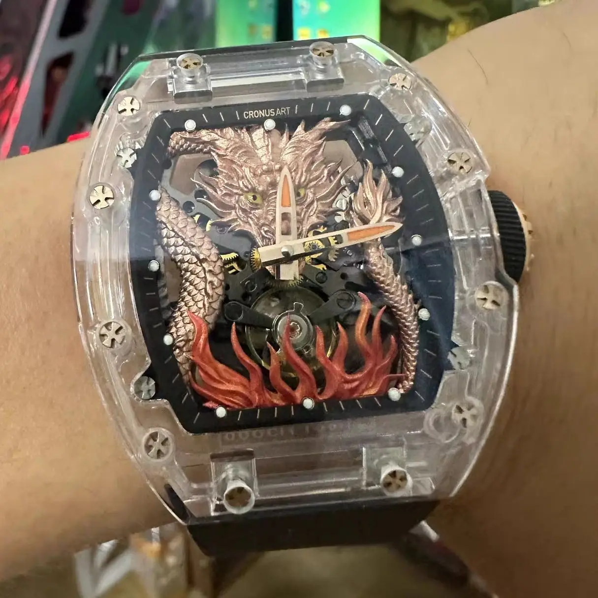 CRONUSART Men Automatic Watch Tonneau Mechanical Wristwatch Acrylic Case Luminou Sapphire Mirror Skeleton Dragon Dial FKM Strap