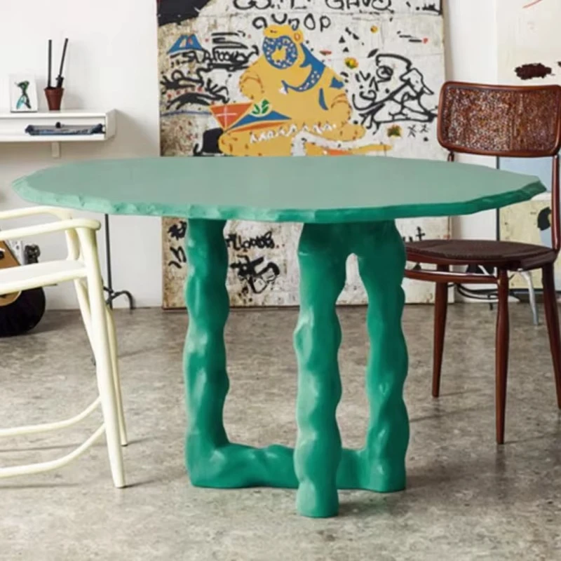 

⁕rArtistic Abstract Style FRP Round Table Unique Wavy Base Green Finish Modern Home Furniture Dinning Table