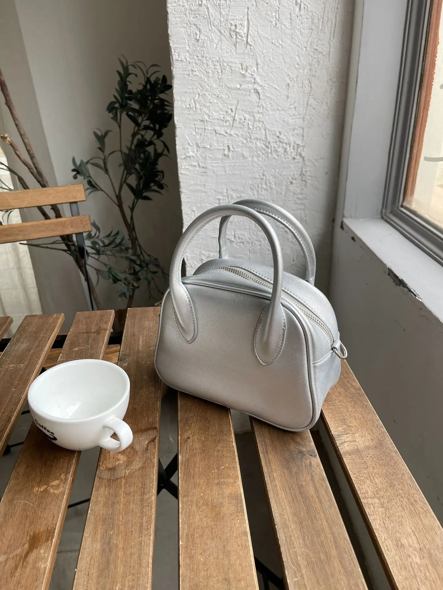 

FIRMRANCH Summer All Match Silver Mini Boston Premium Cowhide Handbag Female Shoulder Diagonal Bag Bowling Simple Solid Color