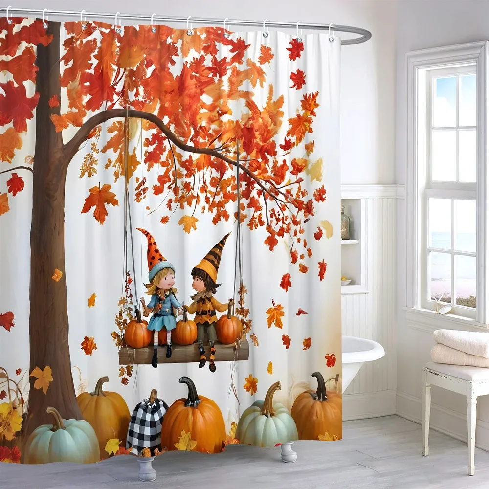 Thanksgiving Shower Curtain Rustic Farm Autumn Pumpkin Watercolour Leaf Polyester Fabric Printed Shower Curtains Bathroom Decor