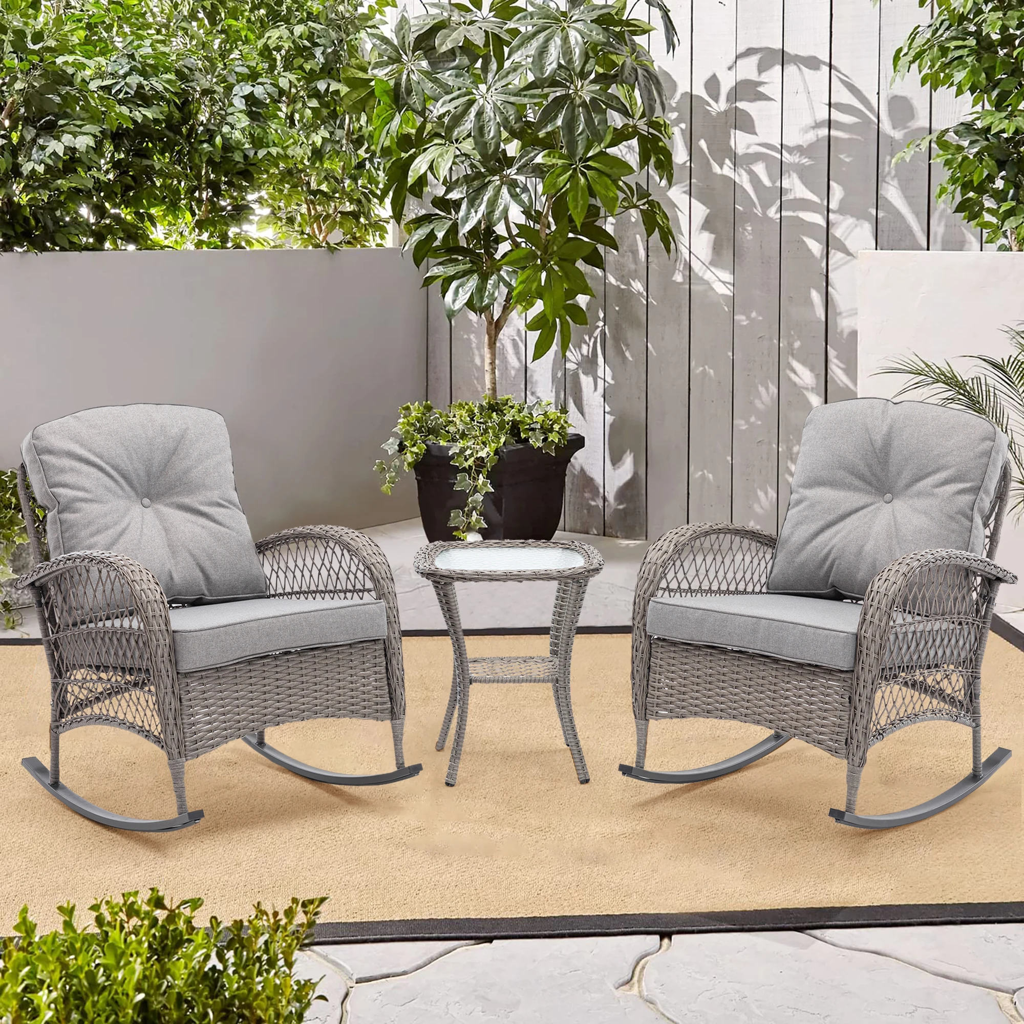 

3pcs Outdoor Furniture Modern Wicker Rocking Chair Set Patio Outdoor Furniture Conversation Sets