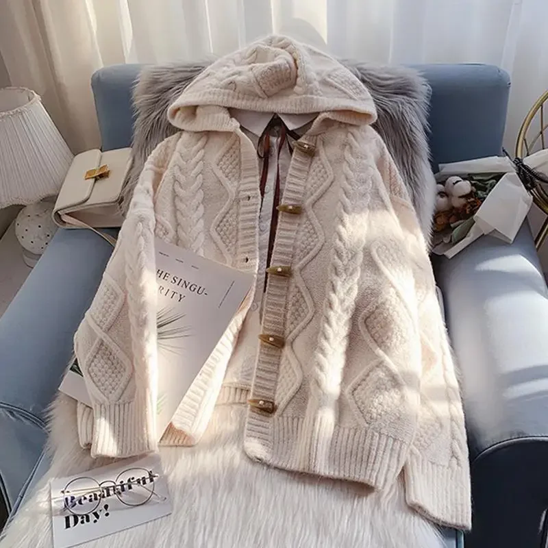 Fashion Hooded Fried Dough Twists Sweater Coat Autumn and Winter 2024 New Women's Casual Loose  Lazy Knitting Cardigan X1199