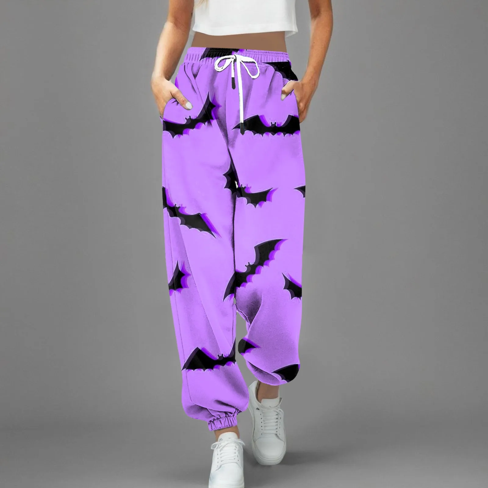 Pantaloni della tuta da donna con stampa zucca pipistrello pantaloni lunghi sportivi con coulisse a vita alta Holloween Cartoon Graphic y2k Street pantaloni larghi