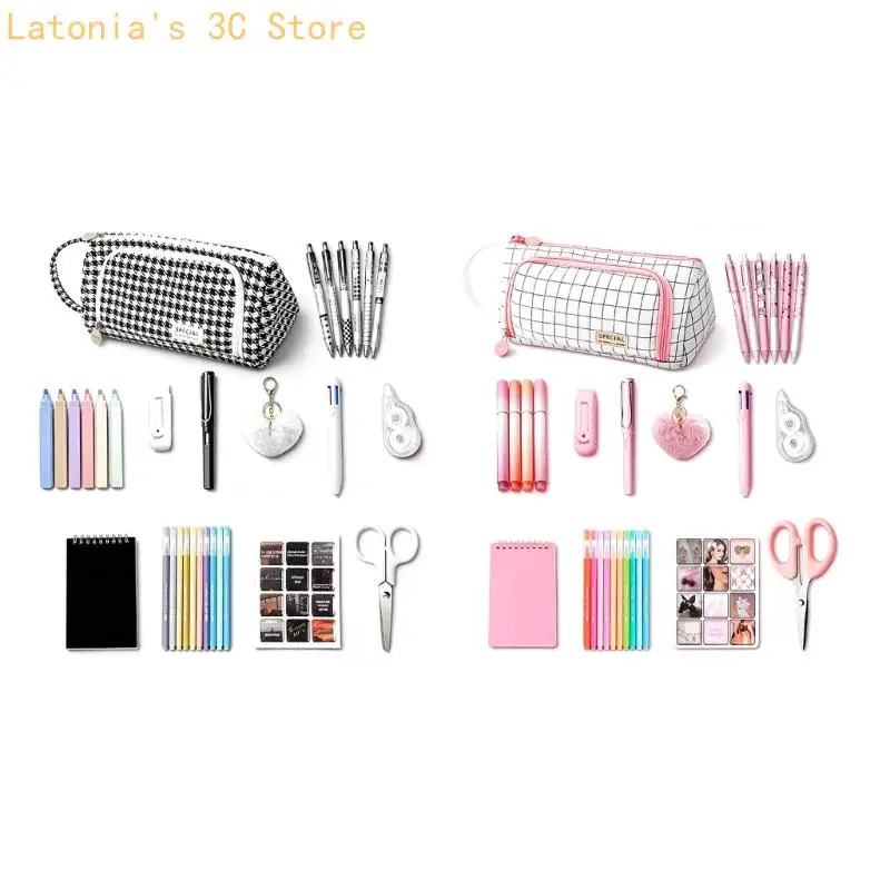 Student Writing Stationeries Set with Retractable Pen, Multicolor Pen, Permanent Marker, Notebook and Zippered Pencil Case X3UB