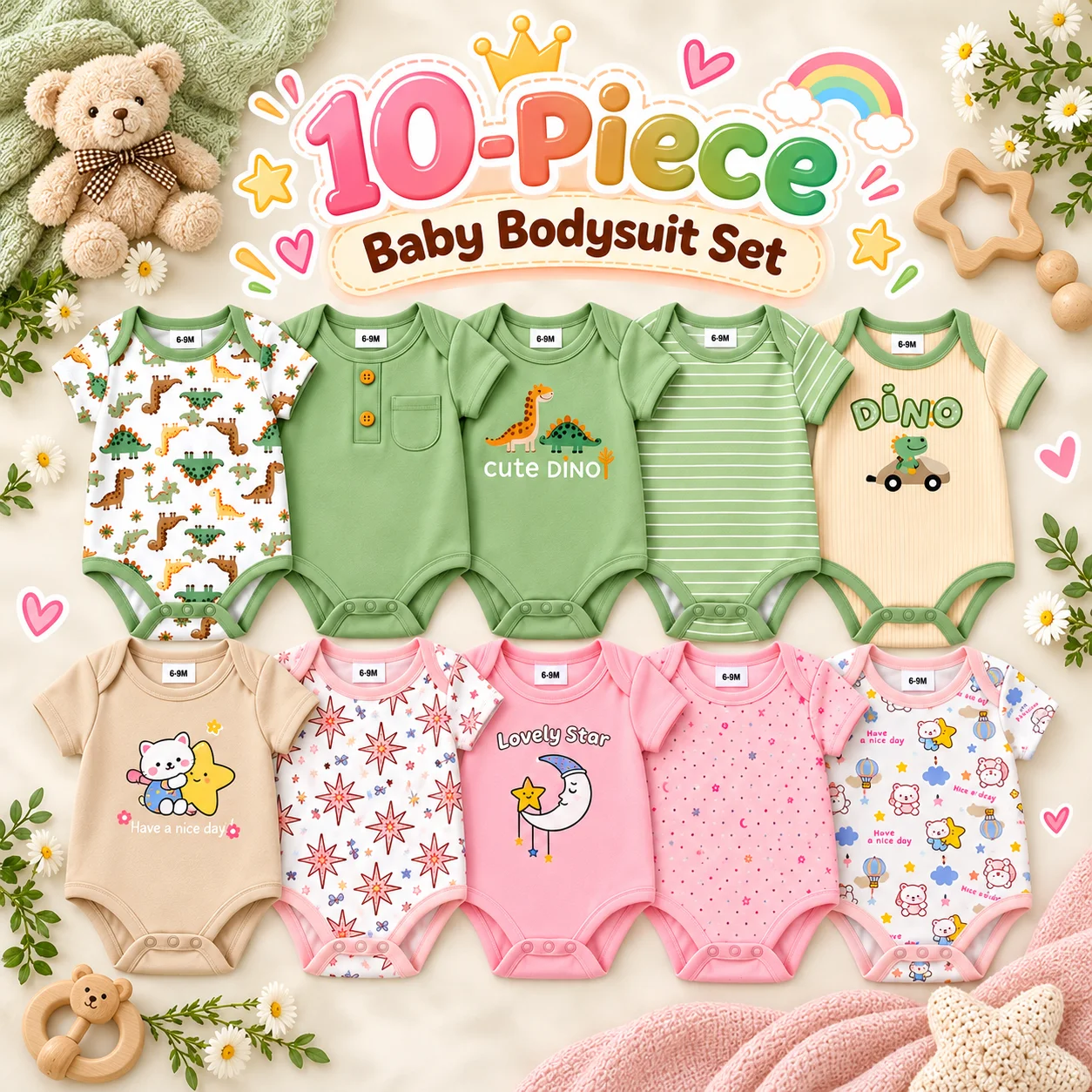 10Pcs Baby Bodysuits Set Short Sleeve Newborn Infant Rompers Cute Dinosaur Star Moon Print Snap Closure Baby Clothes