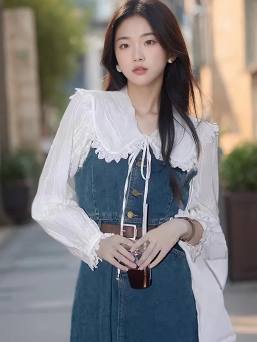Frühjahr Weiß Irt Denim Overalls Puppe Kragen Zwei-Stück Set Koreanische Sle Alter-Defng frauen Dr Ensemble
