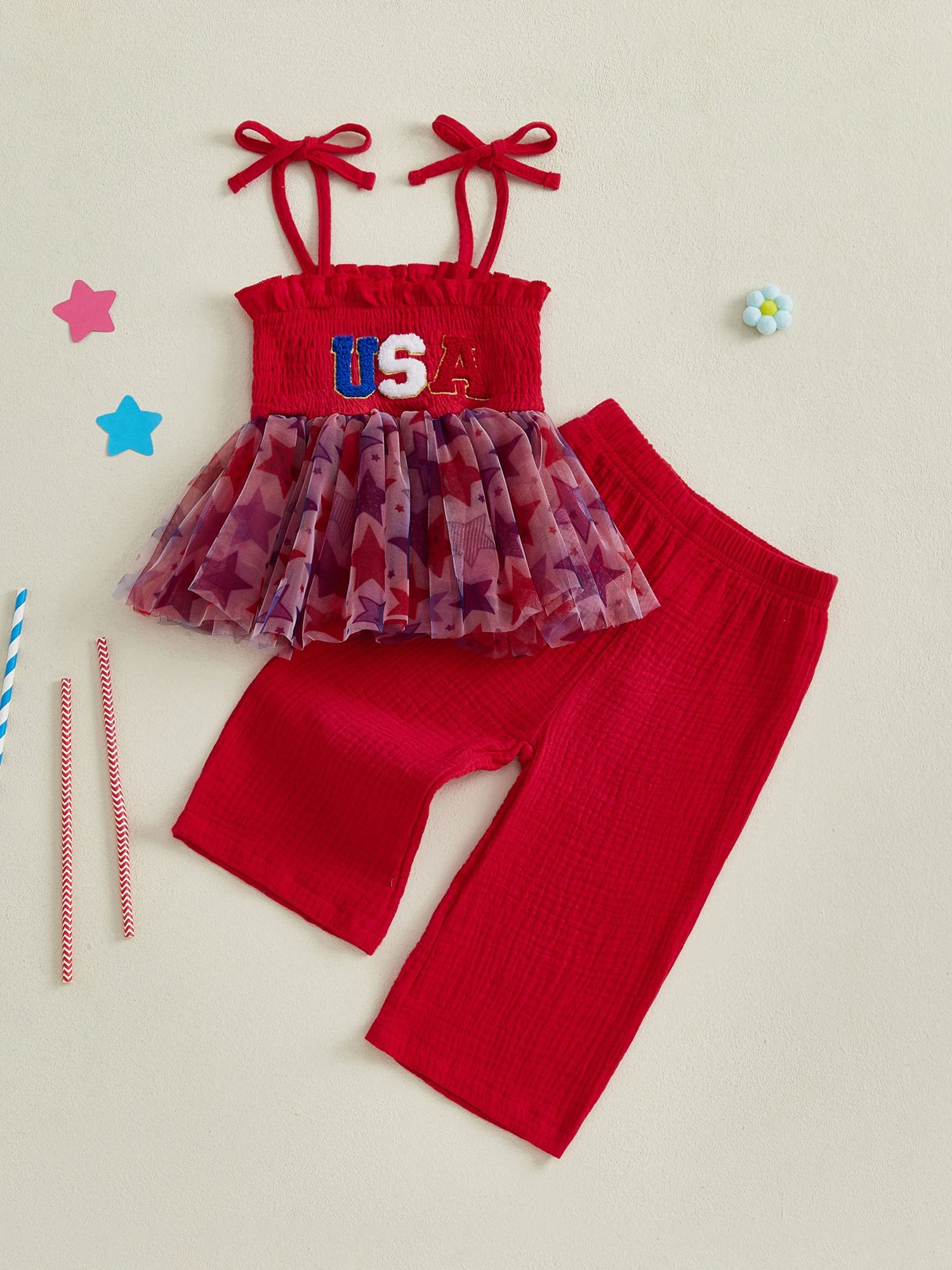 独立記念日幼児女の子衣装レター刺繍チュールネクタイショルダーキャミソール無地パンツ 2 点セット 7 月 4 日用