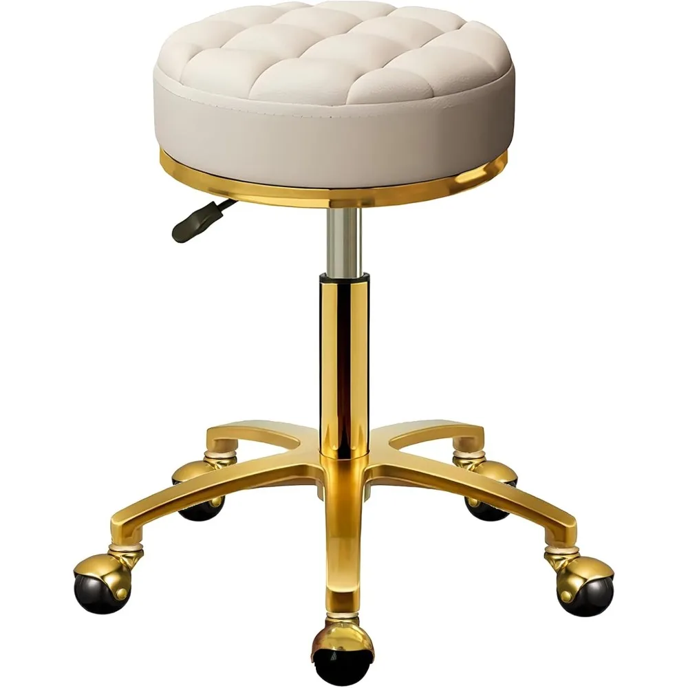 Tabouret de courtoisie à roulettes en cuir PU doré, rouleau de massage de pédicure, piste, rond, tabouret à roulettes, chaises de salon de spa à percussion