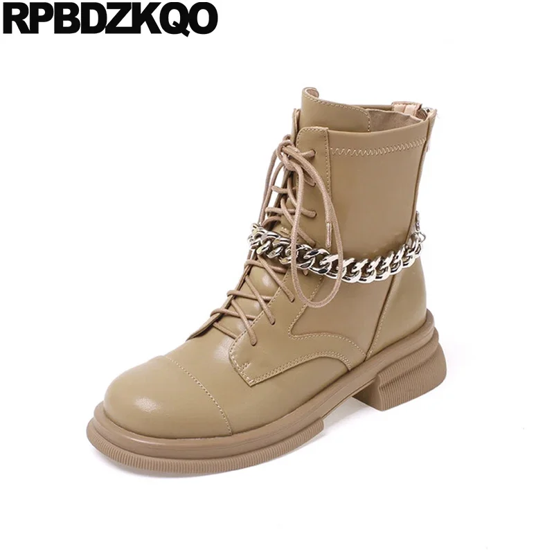 

2023 Chunky Block Heel Punk Rock Boots Combat Ankle Trending Fur Lace Up Girls Metal Waterproof Shoes Military Chain Army Women