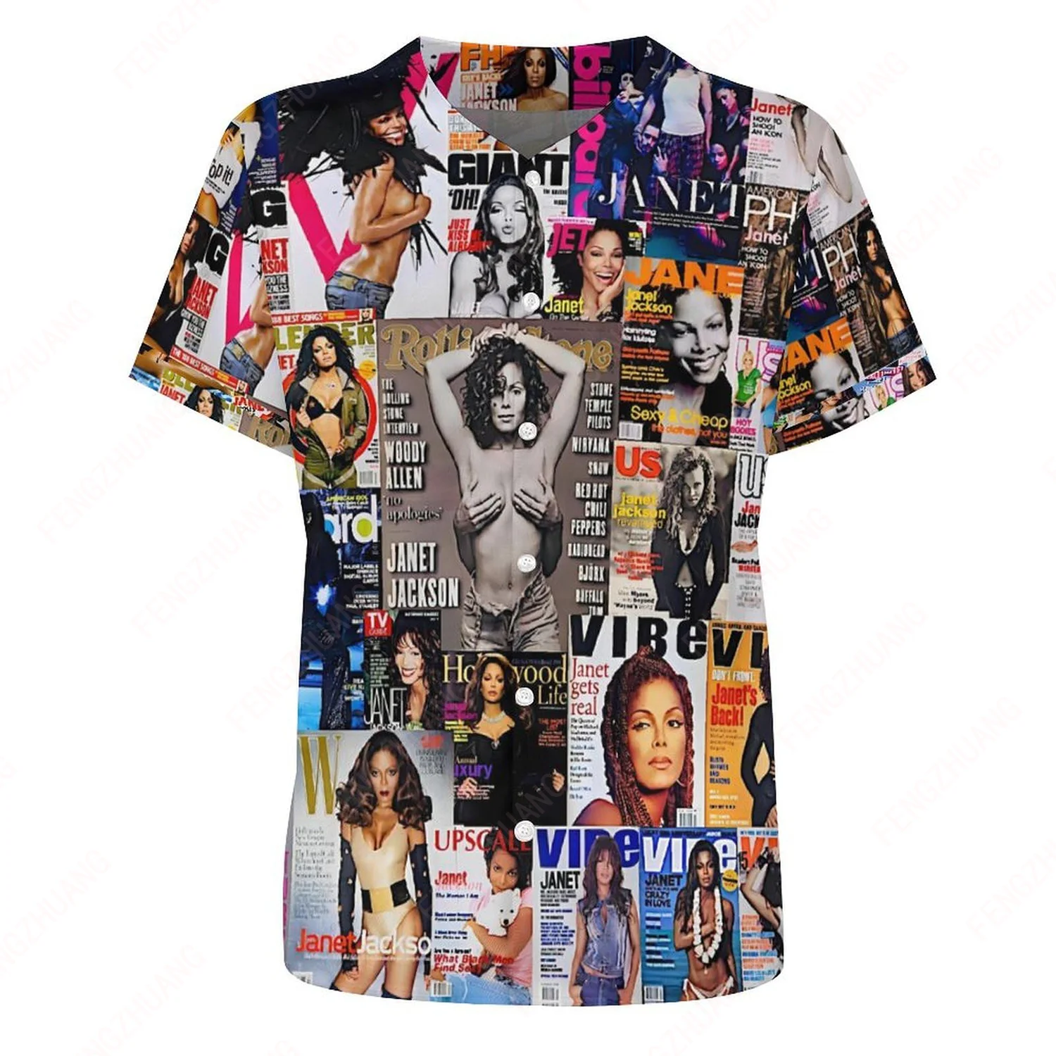 Janet Music Jackson Printing Jersey Male's Casual Short Sleeve Button Down Shirts Outdoors Exercise Uniform