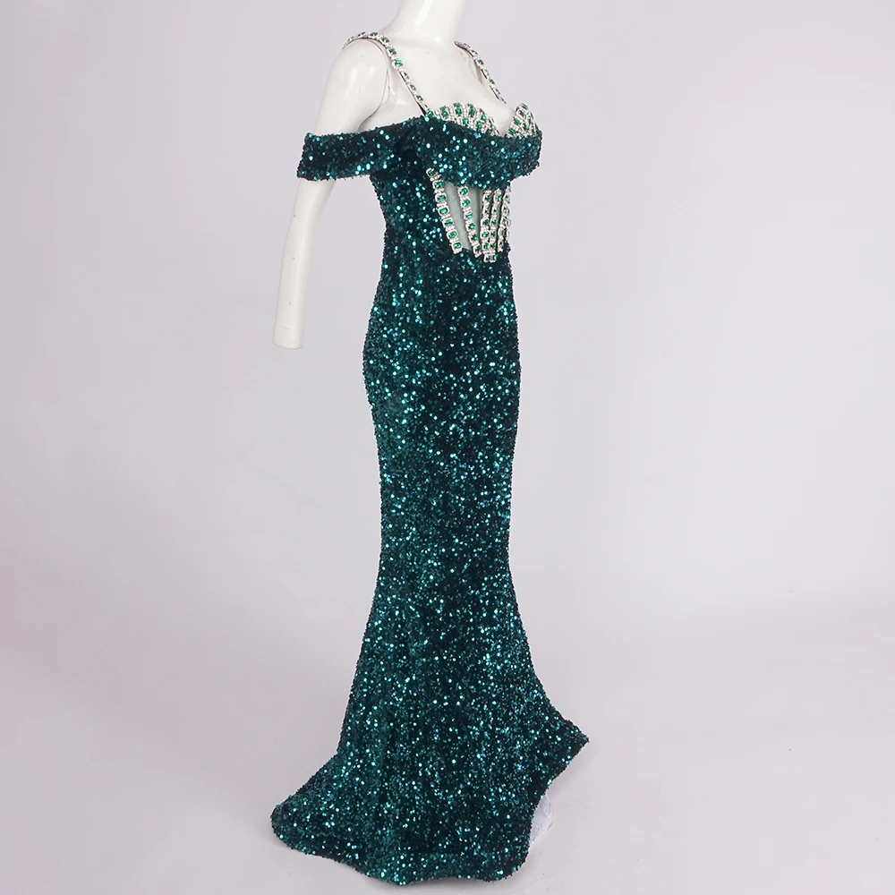 Glamorous Emerald Green Sequin Mermaid Gown Spaghetti-strap Gemstone Cocktail Party Formal Evening Long Dress