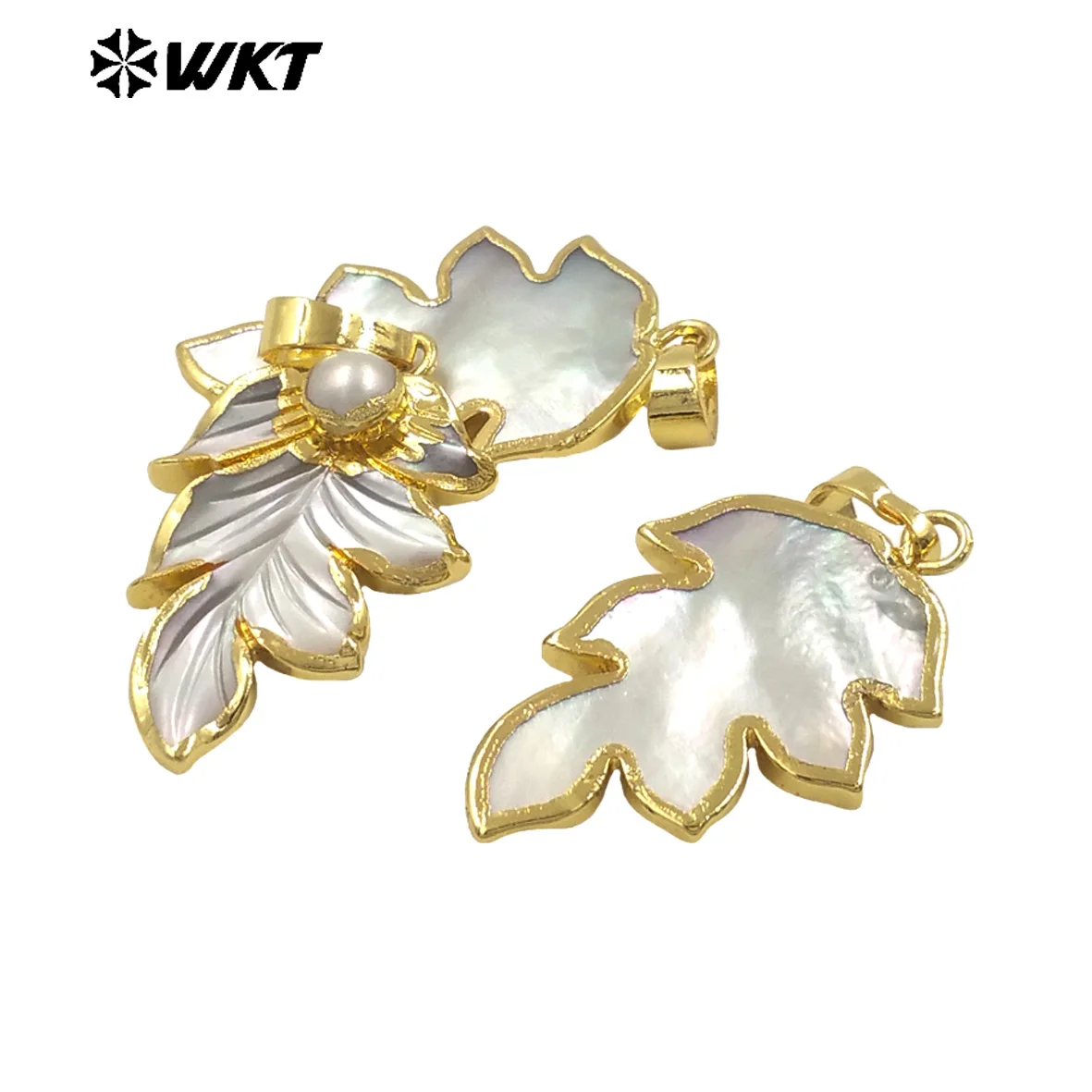 WT-JP385 WKT New Amazing Natural Handmade Shell Marple Leaf Pendant With Pearl Charm  For Necklace Design