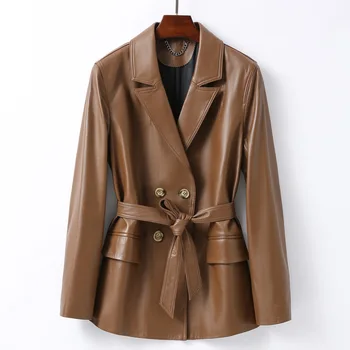 Julypalette 100% Genuine Lambskin Leather Jacket Blazer Fashion Double Breasted Button Office Ladies Belt Sheepskin Jacket Coats