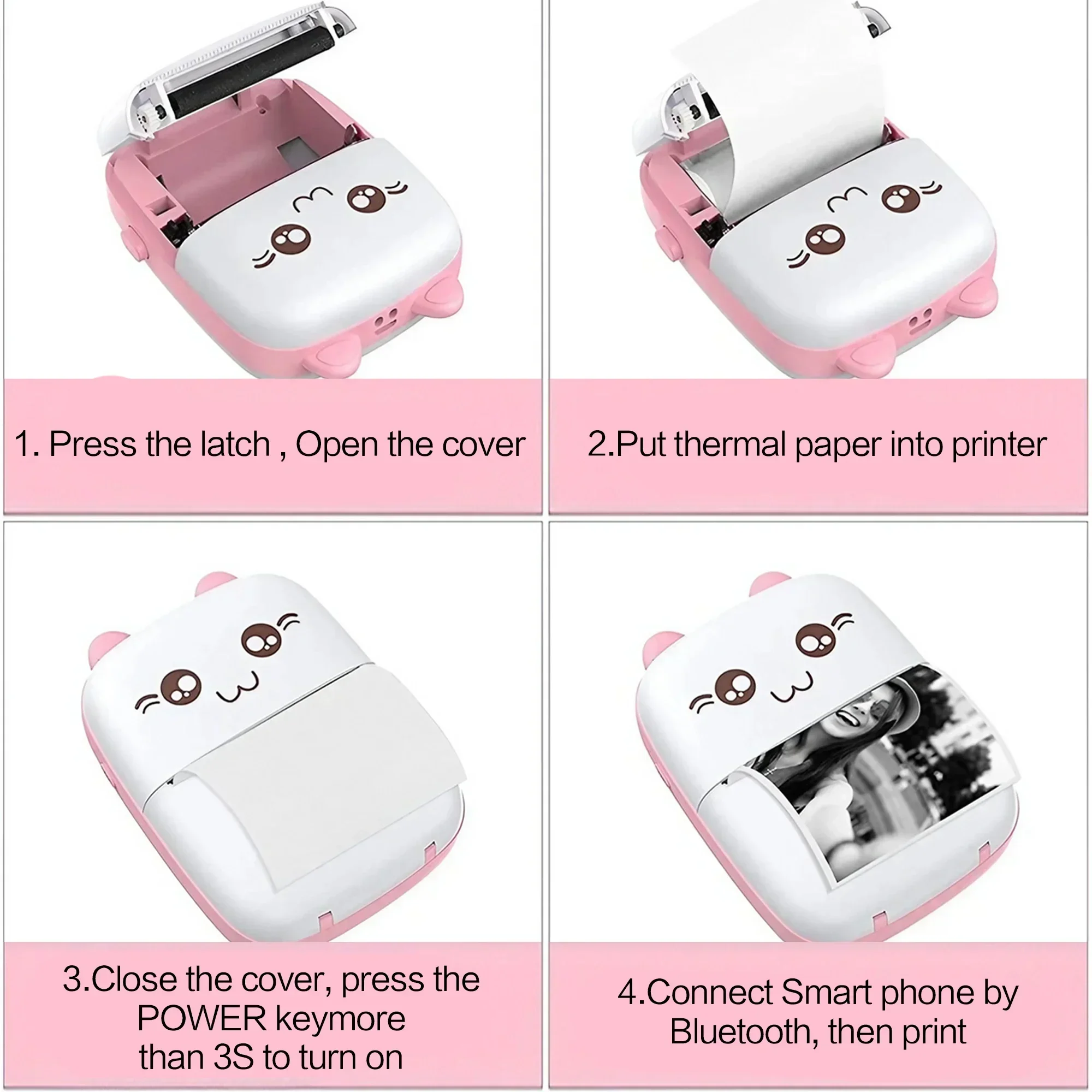 Bluetooth Thermal Printer No Ink Needed High Resolution 205 DPI Photo Label Memo Printer 3 Style Pocket Size