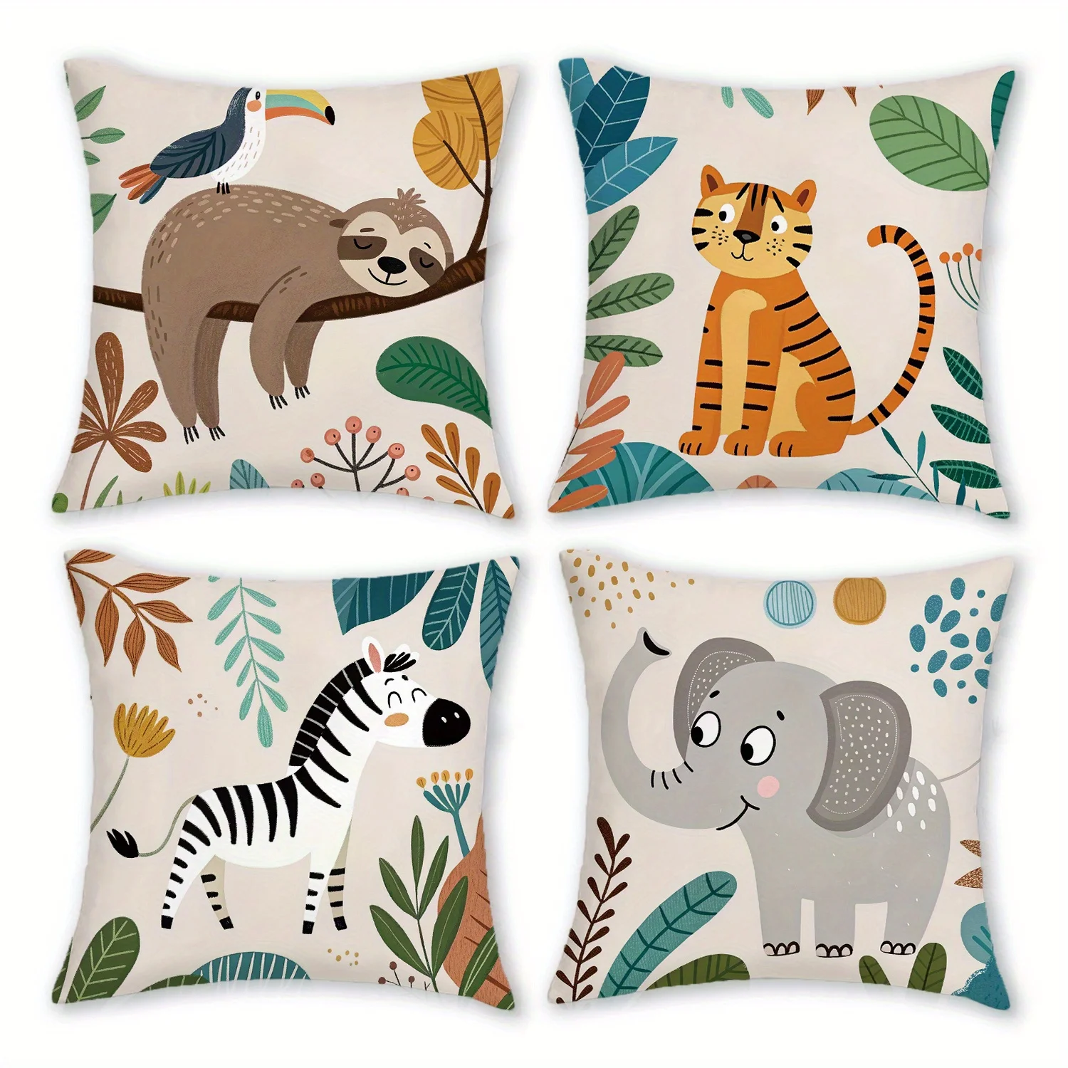 [JIT]4pcs, Short Plush Boho Animals Pattern Throw Pillow Covers, 18in*18in, Safari design Elephant Zebra Decor Cushion Covers