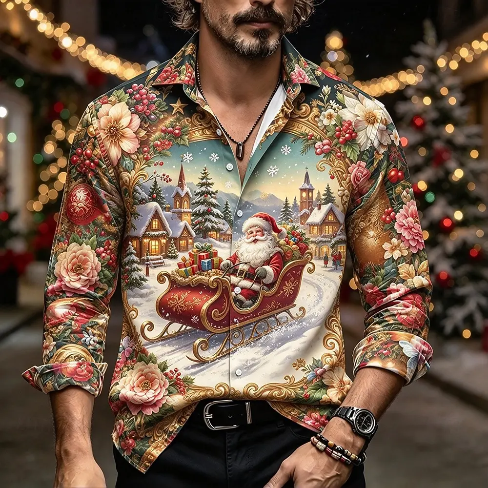 Vintage Floral Santa Print Shirt Christmas Holiday Party Art 3D All Over Print Men Long Sleeve Button Shirt