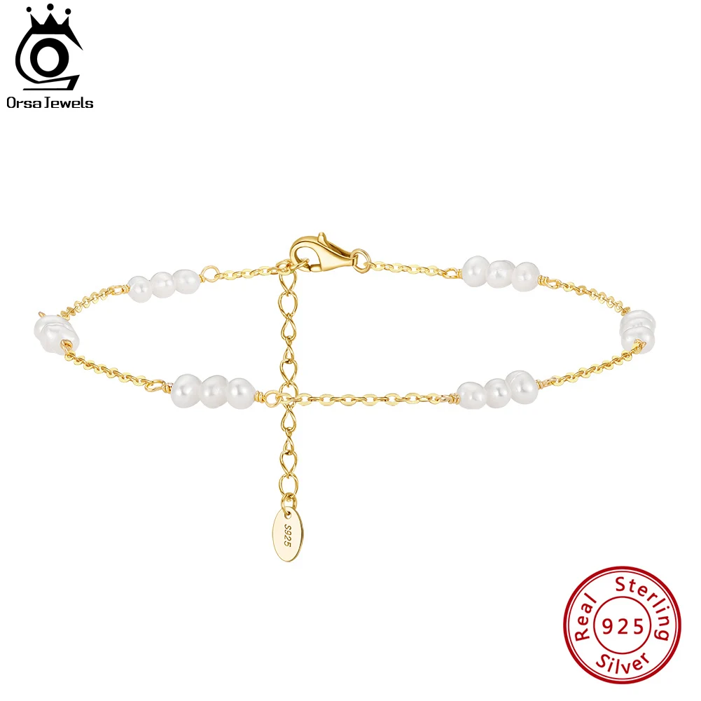 

ORSA JEWELS 14K Gold 925 Sterling Silver Natural Pearls Chain Anklets for Women Fashion Foot Bracelet Ankle Straps Jewelry SA36