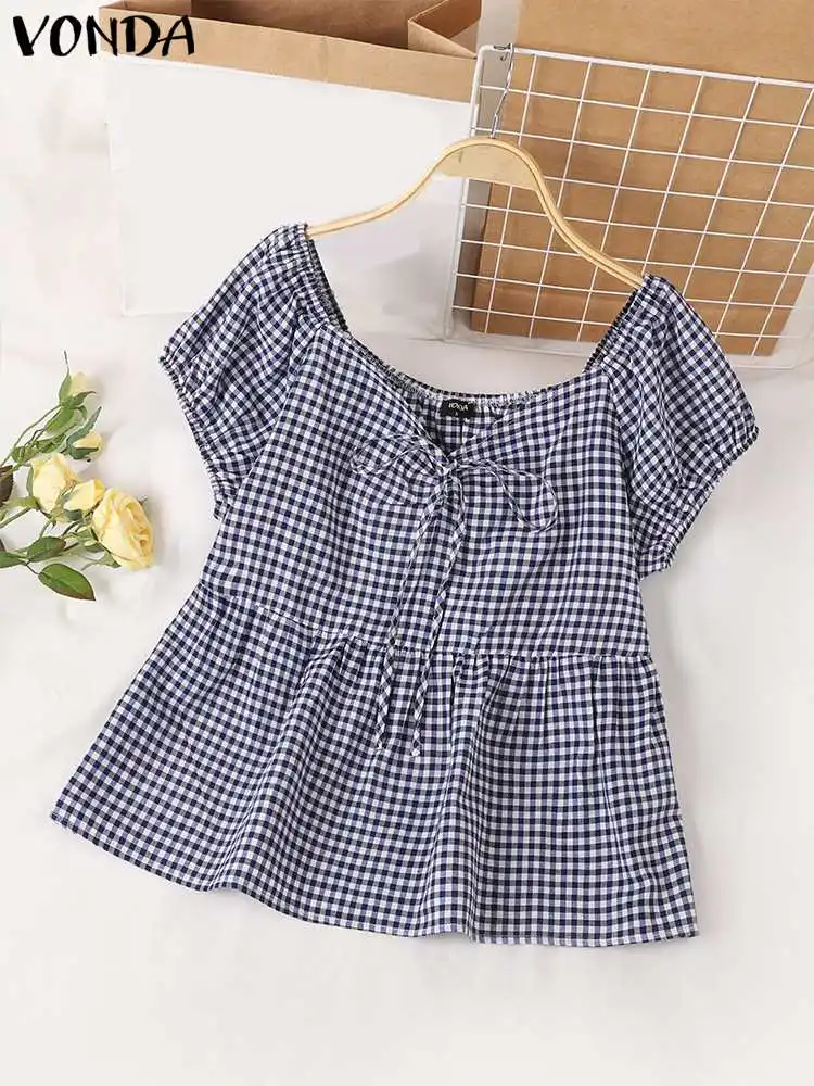 VONDA Women Fashion Plaid Blouse 2024 Summer Short Sleeve V Neck Checked Casual Shirt Bandage Bohemian Tops Blusas Femininas