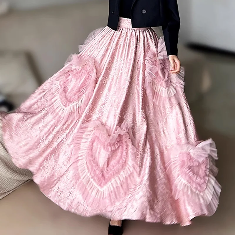 2024 Korean fashion Elegant Girl Pink Jacquard Satin Skirt Womens French Pink Printed Love Pink chic and elegant woman skirt