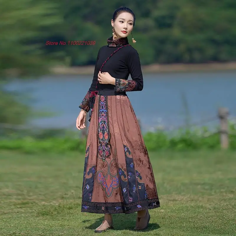 2025 chinese traditional skirt national flower embroidery jacquard skirt vintage loose patchwork midi skirt folk dance suit