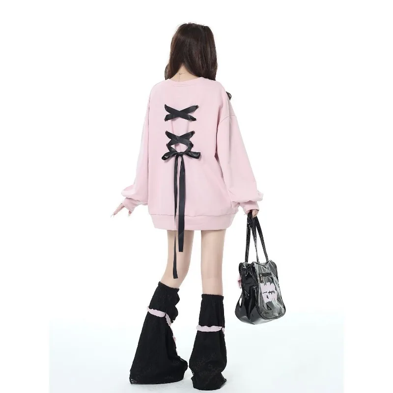 Y2k Bandage Vintage Bow  Tops Women Loose Harajuku Long Sleeve O Neck Hoddies Preppy Korean All Match Sweatshirts