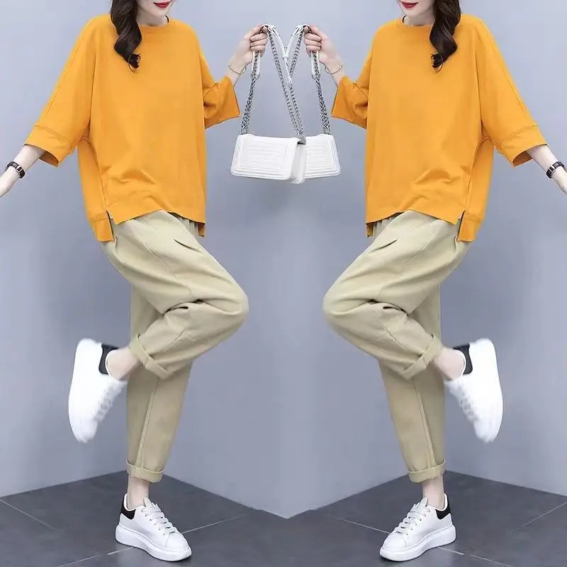 

Women's Casual Suit Fashion 2024 New Summer Trend Chinese Style Pure Color Loose Elbow Sleeve Tops Pants 2 Two Piece Set Women