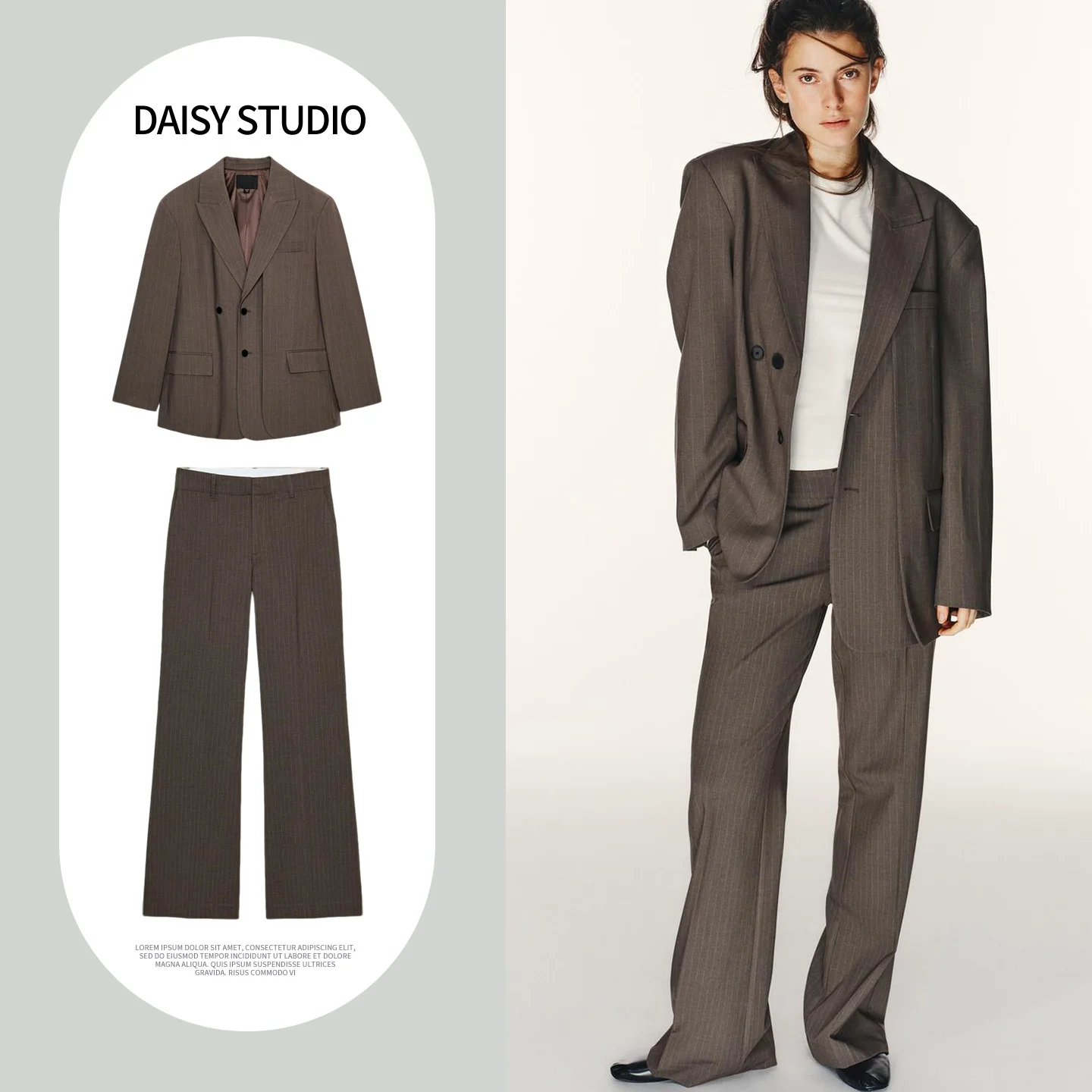 

Shoulder Pad Long Sleeve Suit Jacket with Collar Fine Stripes Pants Women's Professional Work Uniform Polyester Fiber Spring ...