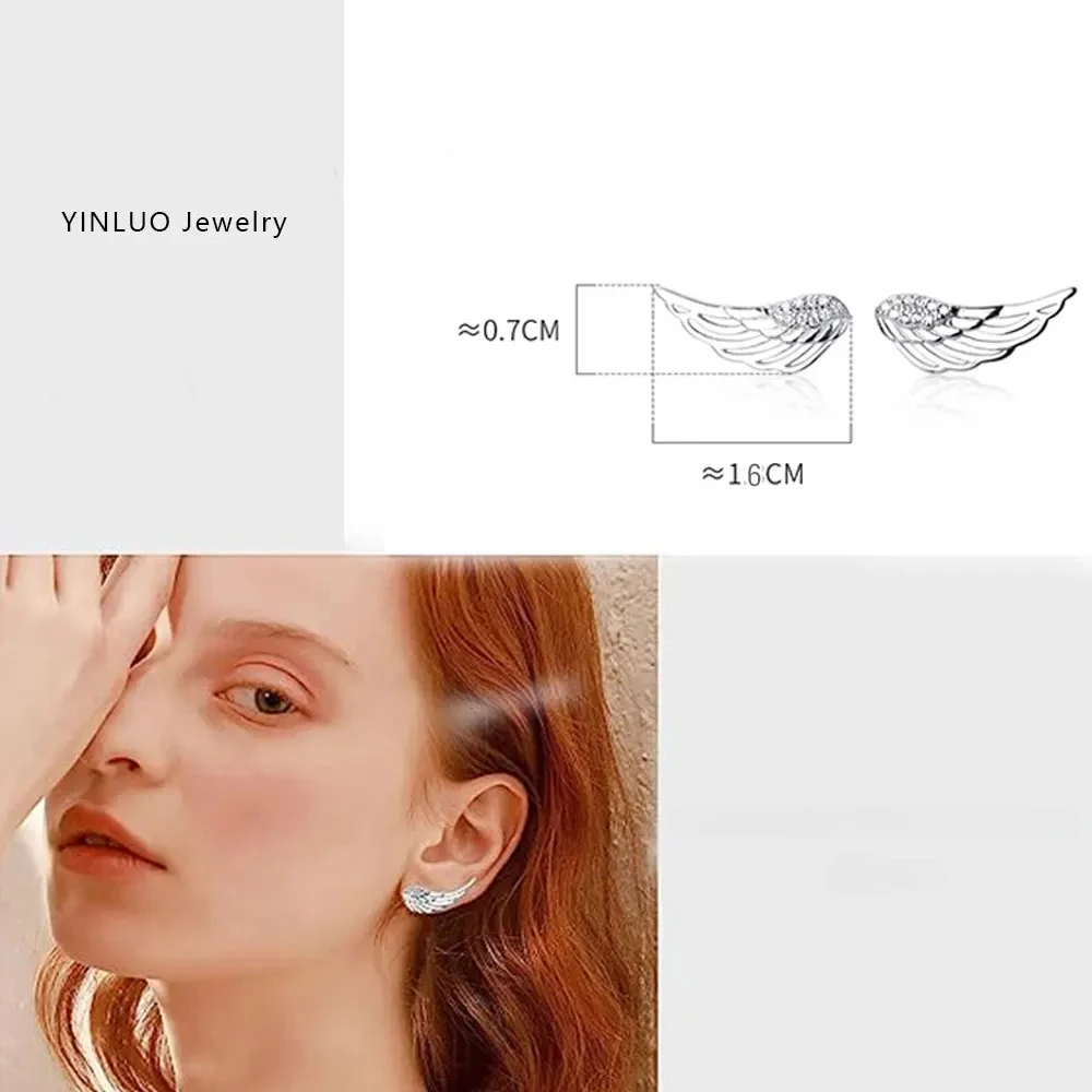 YILUOCD 925 Silver Plated CZ Angel Wings Earring Cubic Zirconia Feather Climber Hoop Earrings for Women Crystals Sweet Jewelry