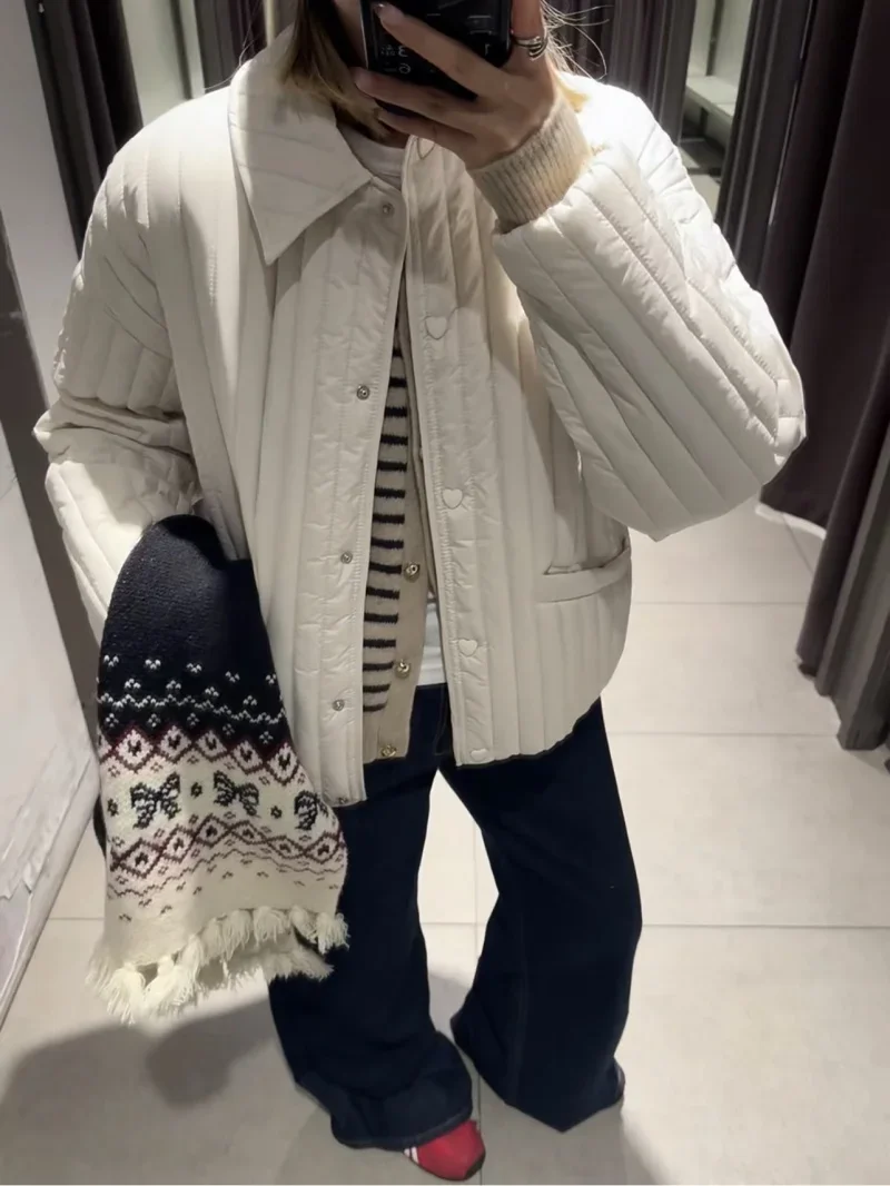 LIBIELIY Women's Fashion Elegant Heart Breasted Decorative Quilted Light Cotton Jacket Loose Version Jacket