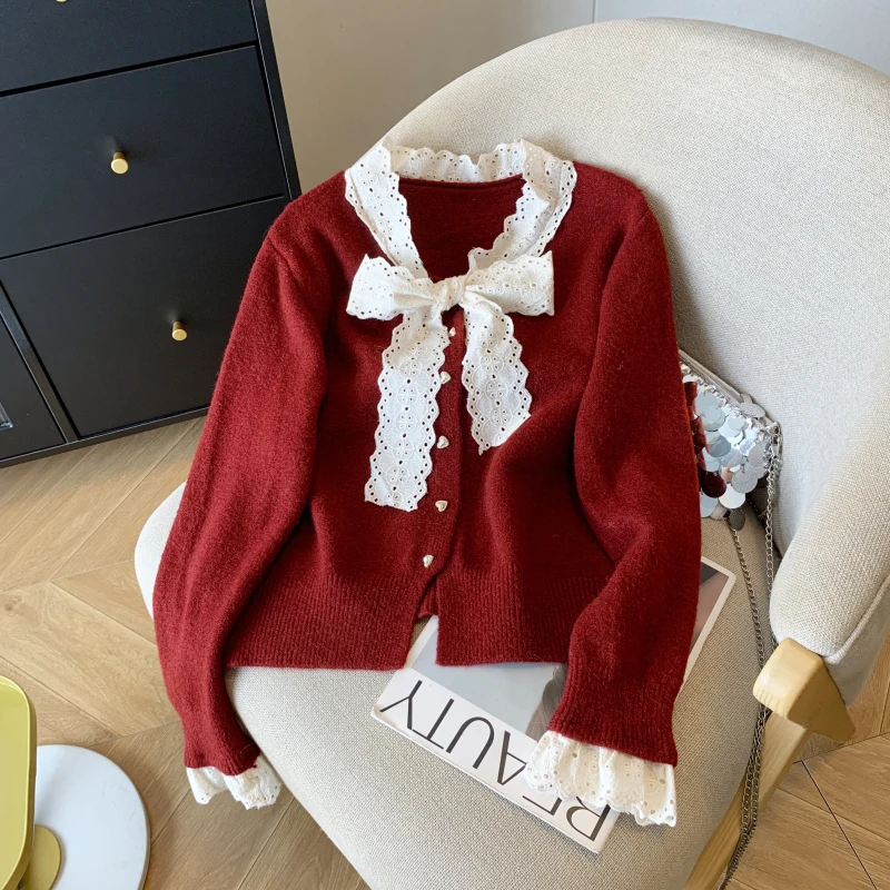 

Vintage Red Knitted Cardigan Women Kawaii Cropped Bow Sweater Outerwears Winter Christmas Knitwears Black Long Sleeve Jumpers