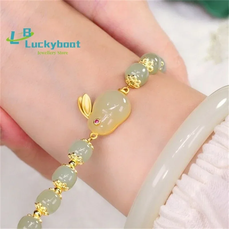 Lovely Natural Mid -Autumn Festival Hetian Gold Bracelet Retro Guo Style High -Level Jade Rabbit Jewelry Accessories Female Gift