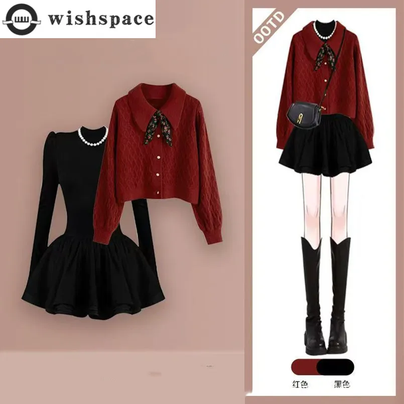 Autumn/Winter Korean Knitted Shirt Top+Luxury Age Reducing Western Style Dress Two Piece Set