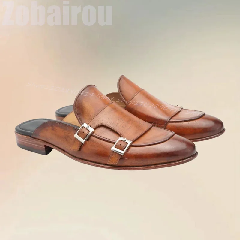 

Brown Buckle Double Monk Matte Leather Slippers Fashion Slip On Men Shoes Luxurious Handmade Party Feast Office Men Casual Shoes