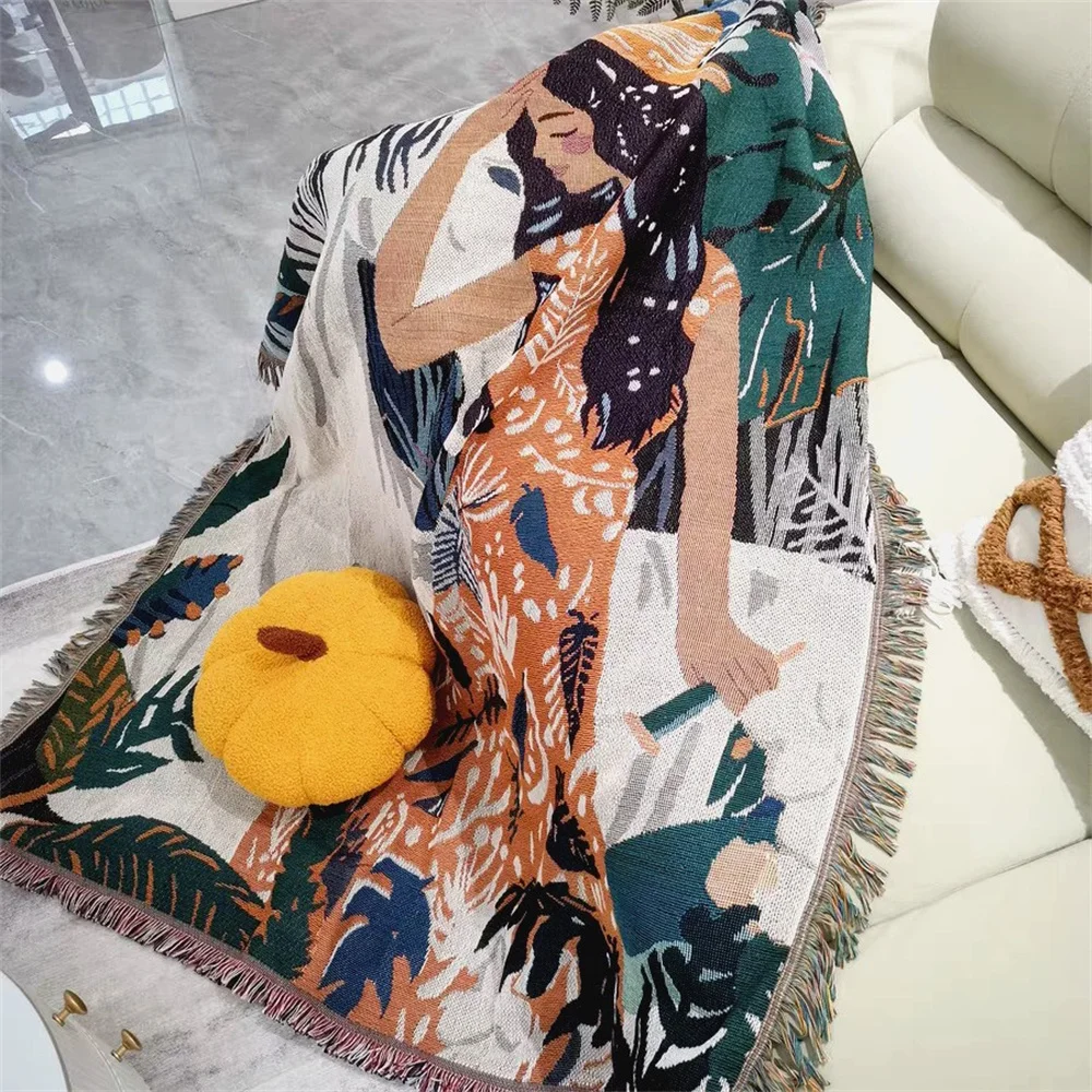 Nordic Woven Jacquard Blanket Women Image Poster Sofa Throw Blanket Home Decorative Sofa Cover Double Side Bedspreed Tapestry