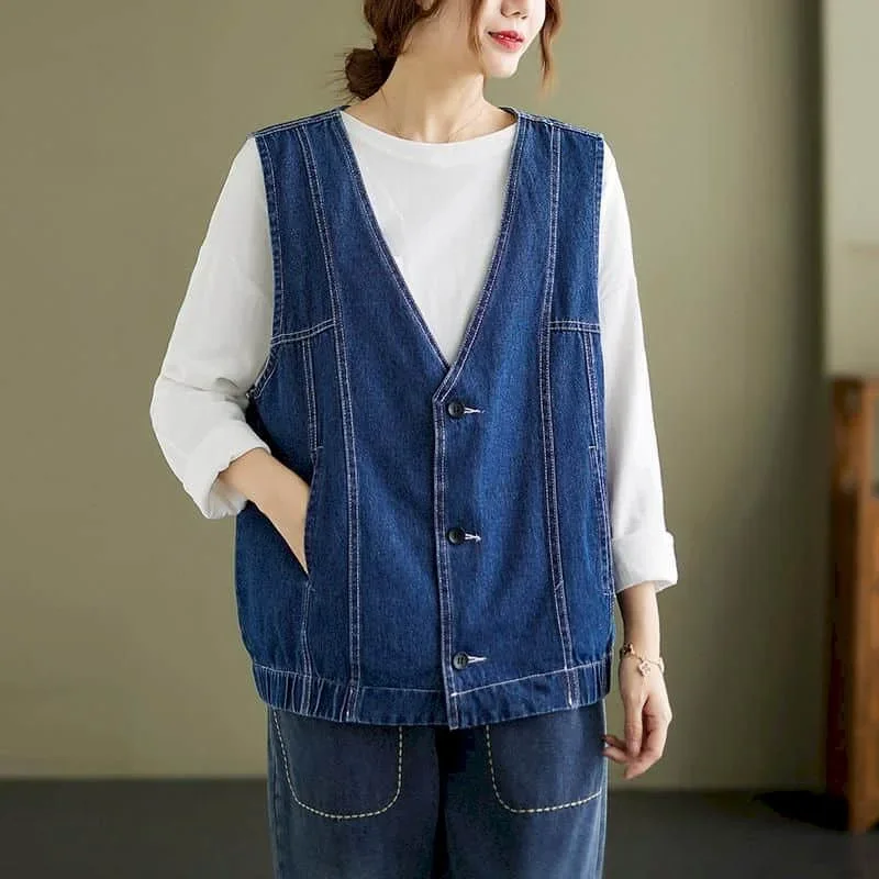 

Pop Denim Vest For Women V-neck Artistic Casual Sleeveless Cardigans Korean Style Waistcoats Solid Vintage Oversized Women Tops