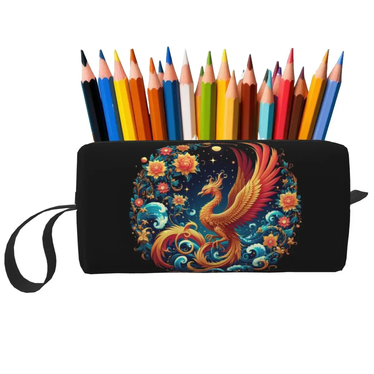 Federmäppchen mit chinesischem Phönix und Blumen für Schüler, Schule, Stiftbox, Bleistiftbeutel, Schreibwaren, Reise-Organizer für Damen