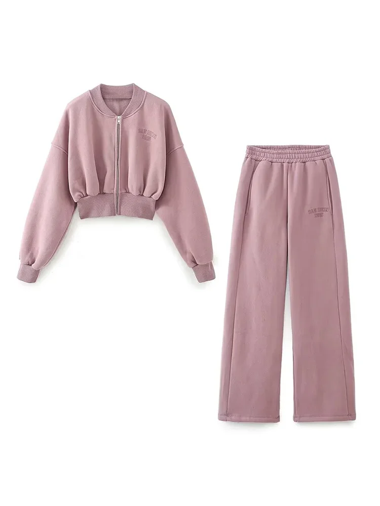 

Willshela Women Fashion Two Piece Set Pink Front Zipper SweatShirts & Vintage Straight Pants Female Chic Lady Pants Suit
