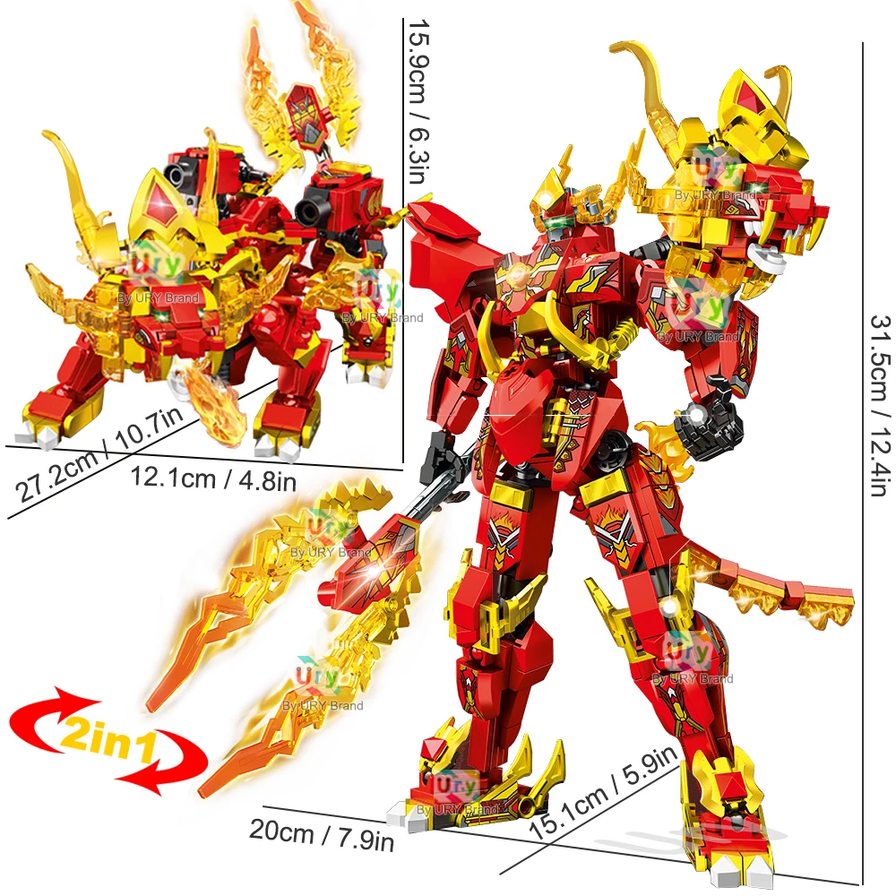 2in1 Ninja Movie Red Warrior Robot Battle Mech Phoenix Flying Fire Dragon Set Fighter Building Blocks Toy for Kid Christmas Gift