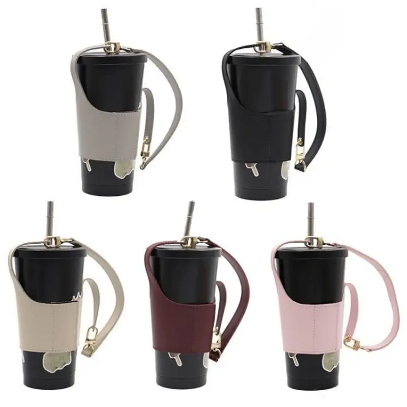 Portable Drinking Bottle Sleeve Bag Coffee Cup Holder Leather Sling Carrier Pouch Milk Tea Cup Band With Handle Beverage Cup Bag