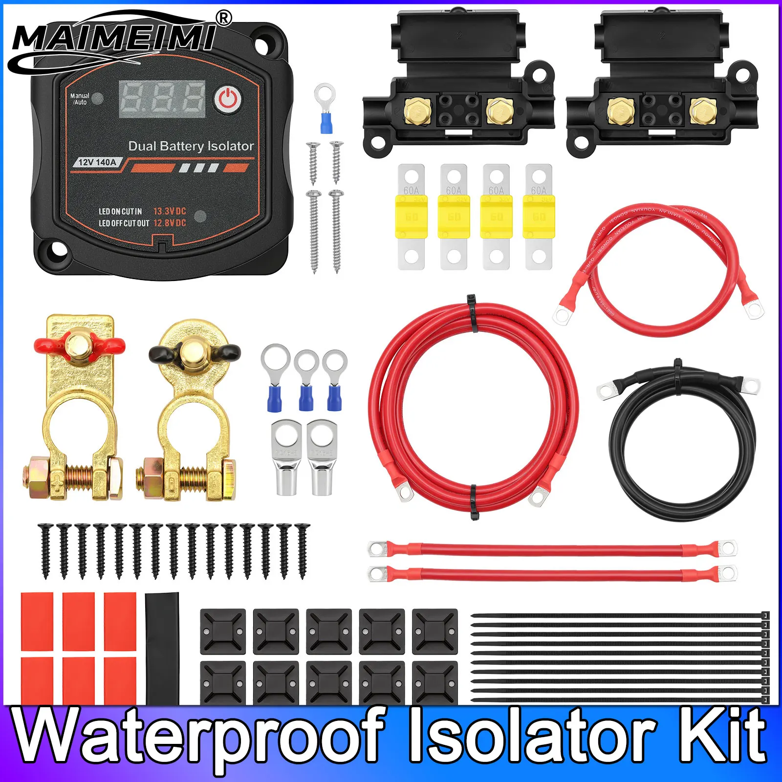 

12V 140A Manual/Auto Modes VSR Voltage Relay with LED Screen Voltage Display Waterproof Isolator Kit for Truck ATV UTV SUV Boat