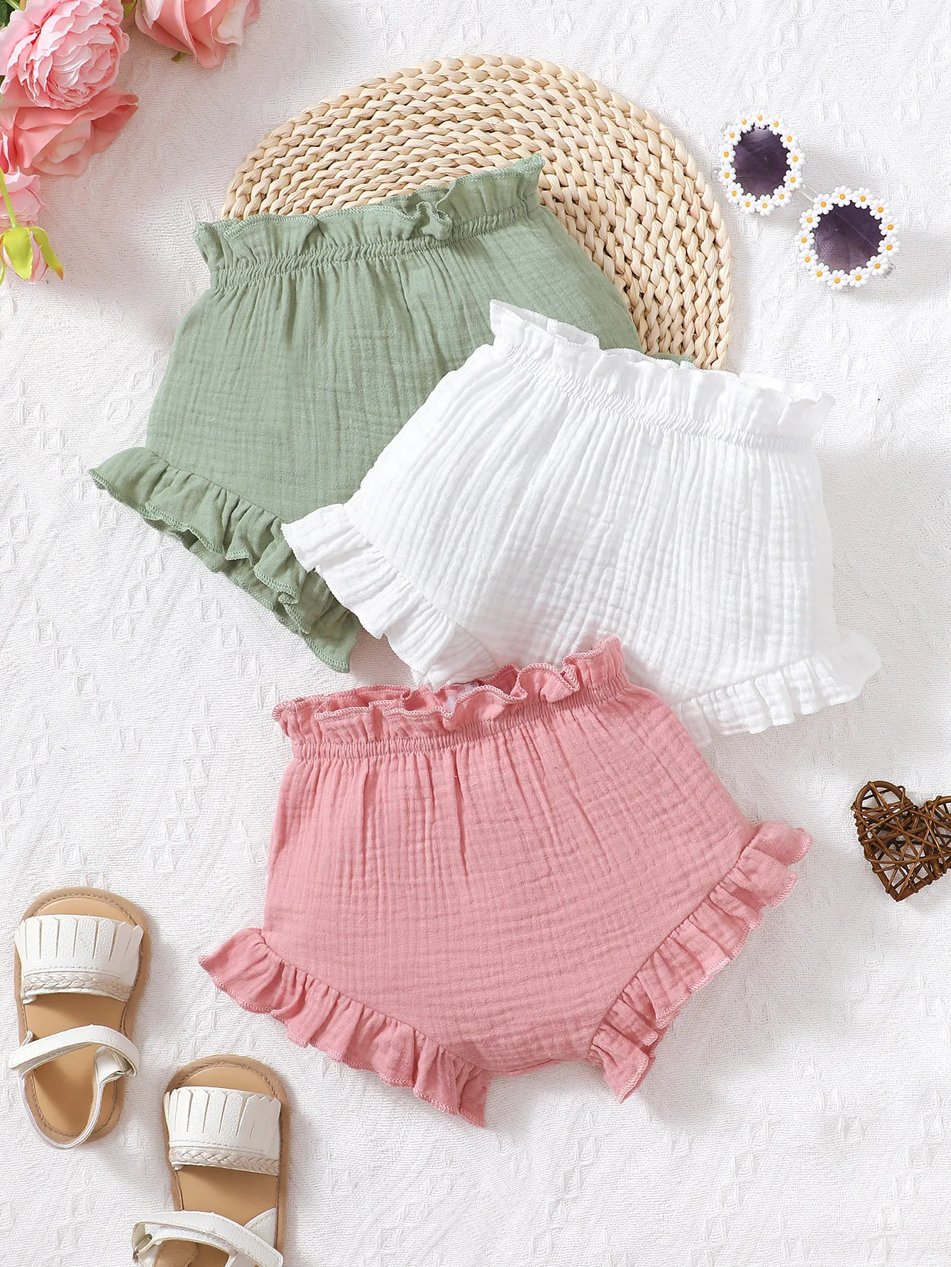 Newborn Baby Girl Dolid Color Simple Combed Cotton Outer Wear Baby Underwear Three Piece Set