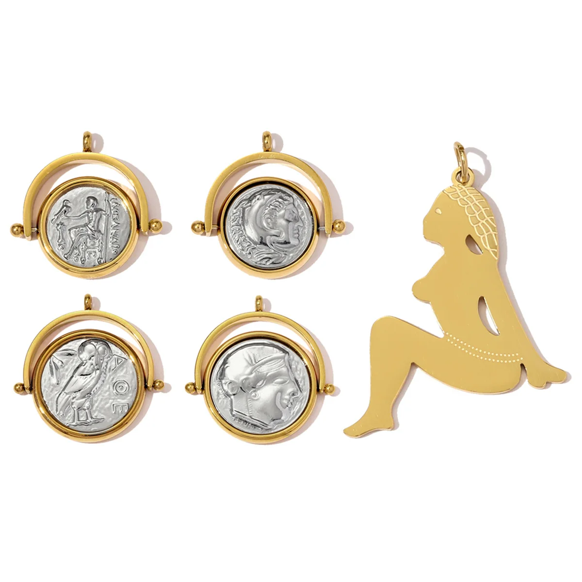 3pcs/Lot Stainless Steel Reversible Roman Coins Necklace Pendant Skateboard DIY Charm Women The Beauty Lady Jewelry Wholesale