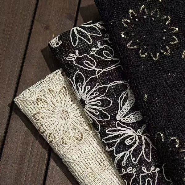 

Sunflower 3D rope embroidery mesh lace fabric, sequin tulle embroidered fabric, by designers by the yard for clothing design