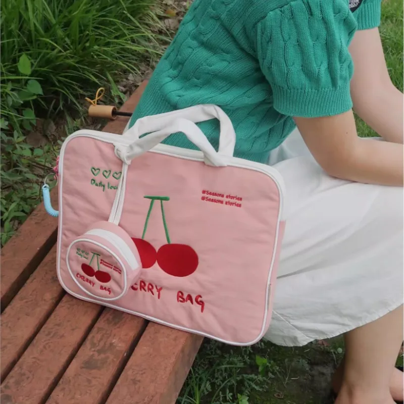 Sweet Cute Cherry Hand Carry Laptop Bag Women Tablet MacBook Air 13 Case 14 Inch Laptop Sleeve Portable Large Capacity Briefcase