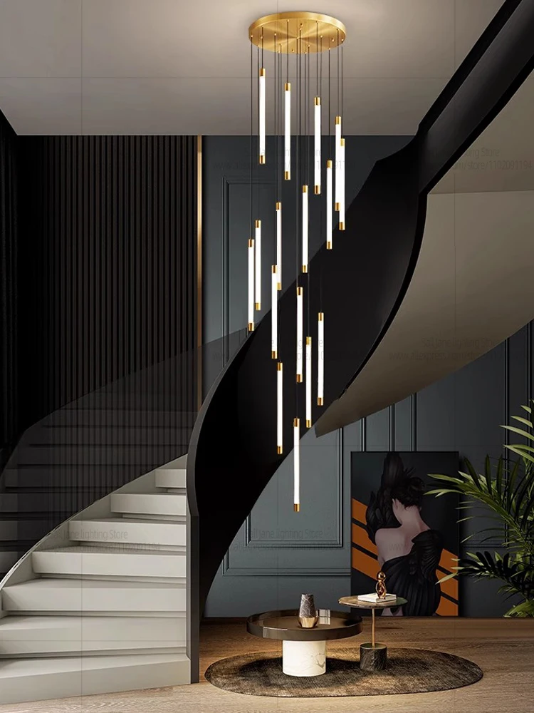 

Modern Led Chandelier For Staircase Luxury Home Decor Lamp Round Gold Black Lighting Fixture Minimalism Lustre Pendant Lighting