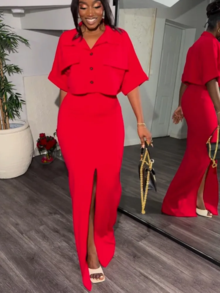 

BKLD Solid Color Women Clothing 2025 Summer New Turn-Down Collar Shirt Crop Tops Slim Fit Split Skirt Sets Two Piece Outfits